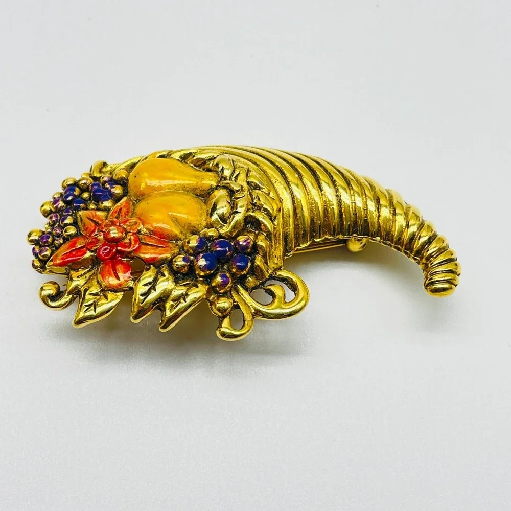Vintage Gold Tone Cornucopia Brooch Enamel Fruit Harvest Fall Pin Thanksgiving